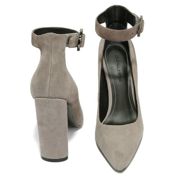 Grays Shoes - Kendall Kylie Gloria Beige Gray Suede Heels Sz 10 Career Chic Hollywood Buckle